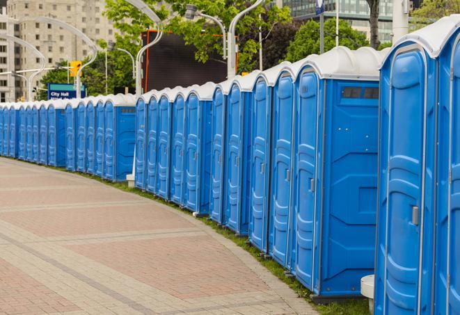 portable restrooms with sink and hand sanitizer stations, available at a festival in Benicia, CA